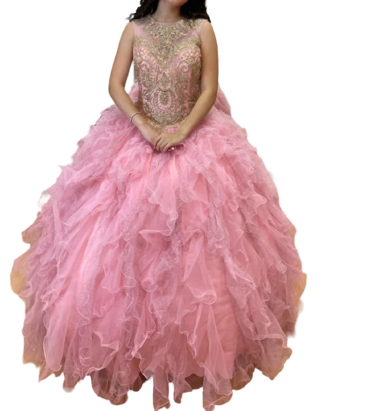 Sleeveless Quinceañera Dress In Rose Pink/gold Velvet unclassified dresses