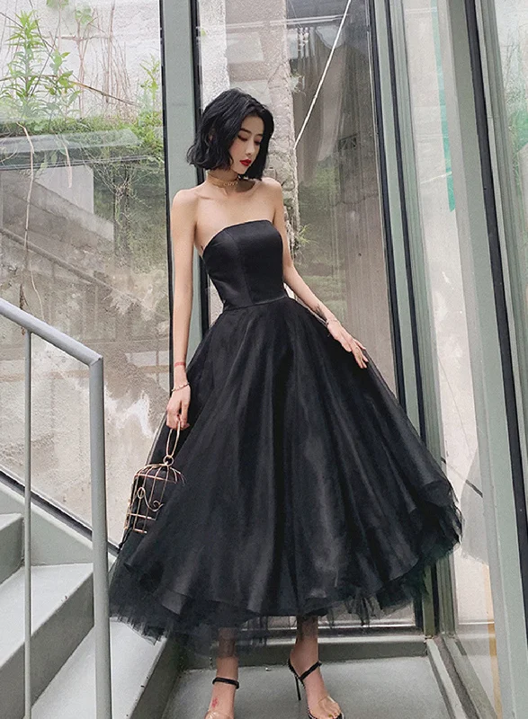 Black Tulle Tea Length Simple Homecoming Dress, Black Short Prom Dress Sexy Leather Skirt