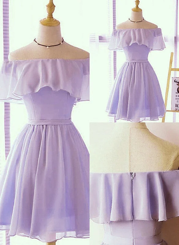 Cute Chiffon Short Light Purple Knee Length Formal Dress, Light Purple Prom Dress Ripped Mini Denim Skirt