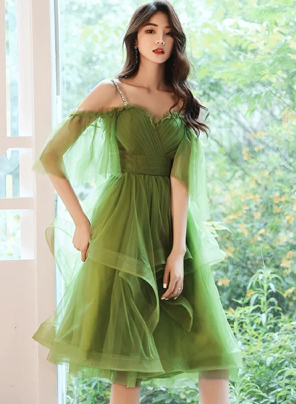 Green Tulle Straps Knee Length Homecoming Dress, Green Tulle Short Prom Dress Summer Mini Skirt