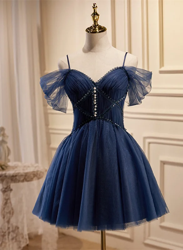 Lovely Blue Short Tulle Prom Dress, Blue Beaded Homecoming Dresses Formal Dress Mini Skirt Dress