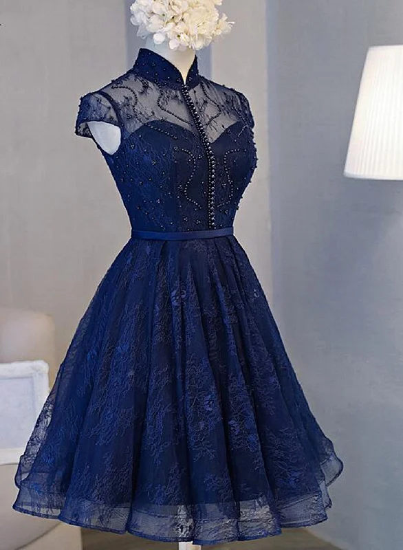 Navy Blue Beaded Lace Short Prom Dress Graduation Dress, Navy Blue Homecoming Dress Boho Mini Skirt