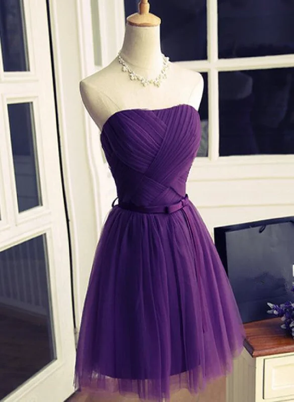 Purple Tulle Scoop Lace-up Short Homecoming Dress, Purple Tulle Short Prom Dress Elegant Mini Skirt