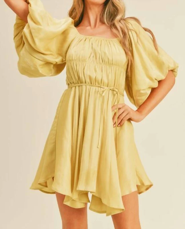 Shiny Bubble Sleeve Mini Dress In Dandelion Soft Mini Skirt