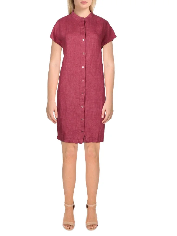 Womens Mandarin Collar Mini Shirtdress Bohemian Mini Skirt