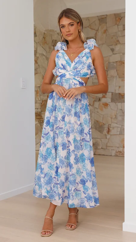 Galilhai Maxi Dress - Blue Floral Button-up Maxi Skirt