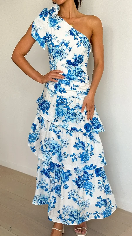 Odilie One Shoulder Maxi Dress - Blue Floral Ruffle Long Maxi