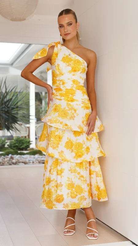 Odilie One Shoulder Maxi Dress - Yellow Floral Flowing Boho Skirt