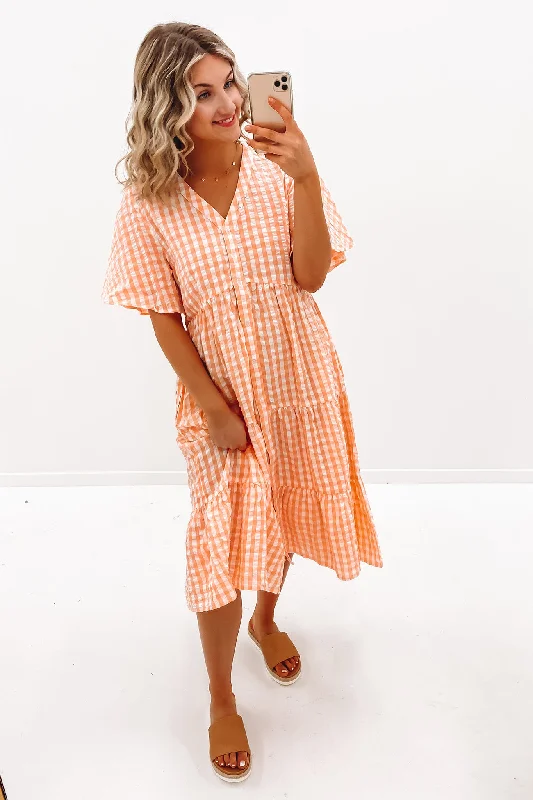 Ainsley Midi Dress Coral Gingham Pleated A-line Skirt