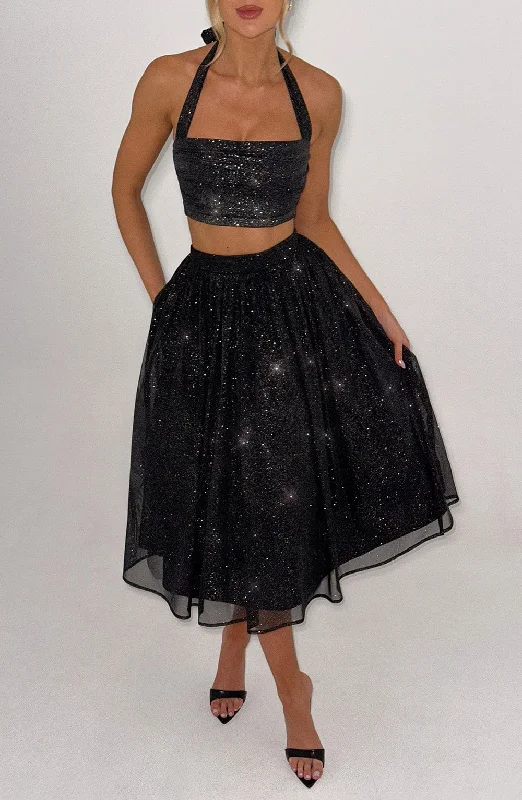 Alani Midi Skirt - Black Sparkle Casual Midi Skirt