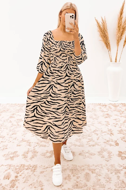 Devon Midi Dress Taupe Zebra Pleated Midi Skirt