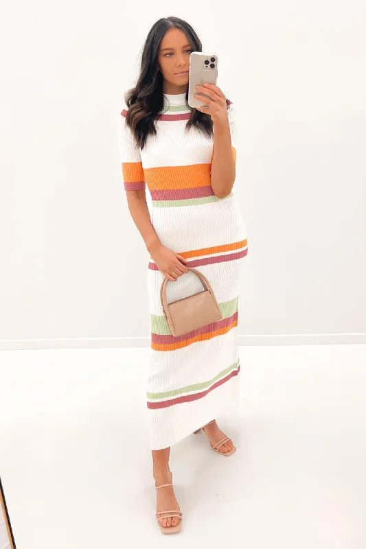 Freya Ribbed Stripe Midi Dress White Orange Sage Rose Cozy Midi Skirt