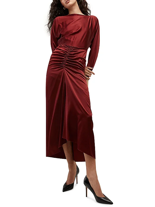 Maro Sabri Womens Silk Blend Ruched Midi Dress Pleated Satin Skirt