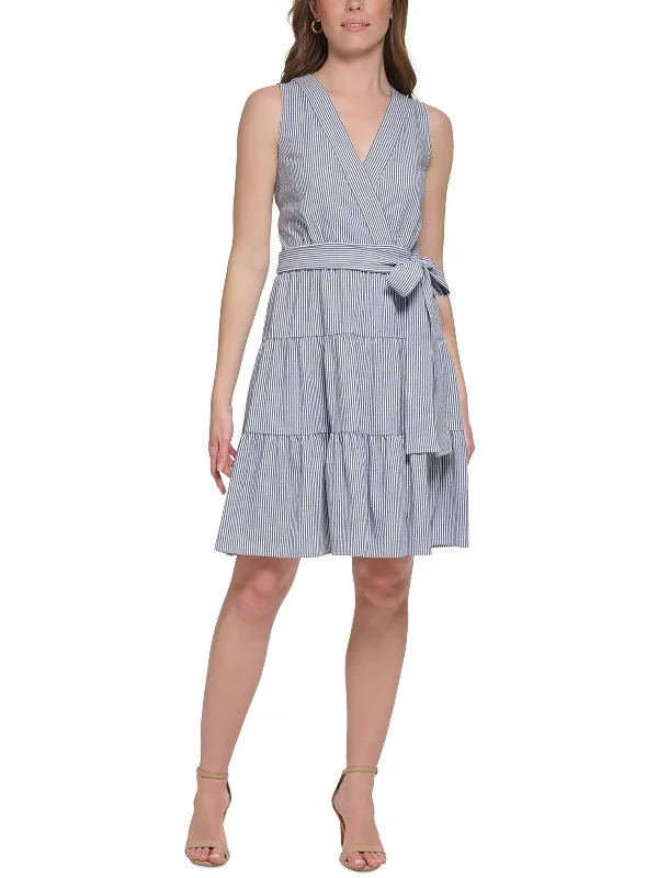 Petites Womens Tie Waist Tiered Midi Dress Trendy Midi Look