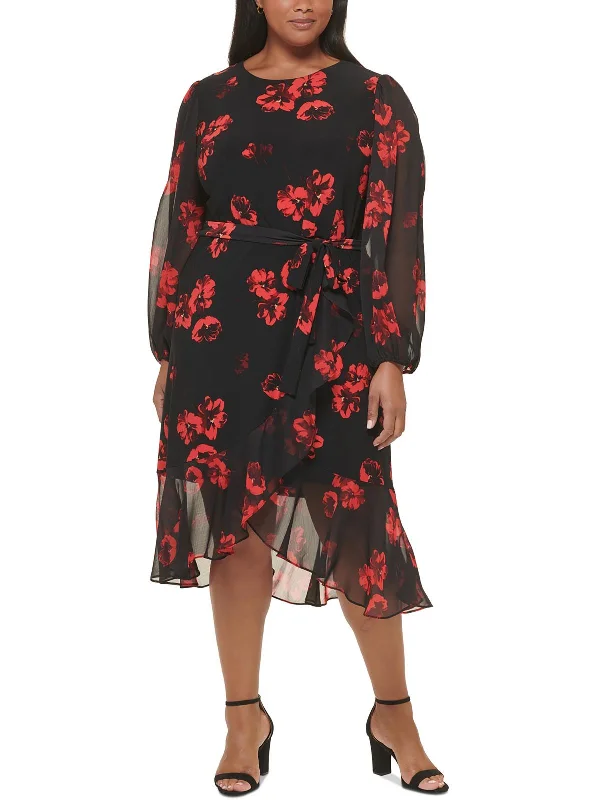 Plus Womens Floral Belted Midi Dress High-Waisted Midi Skirt