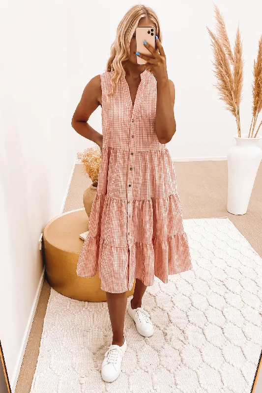 Tulley Midi Dress Pink Gingham Satin Midi Skirt