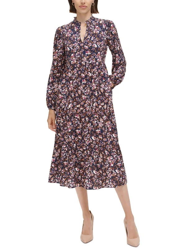 Womens Floral Print Split Neck Midi Dress Winter Midi Skirt