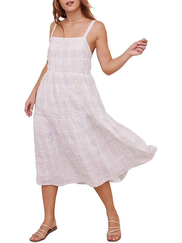 Womens Linen Tie Back Midi Dress Button-front Midi Skirt